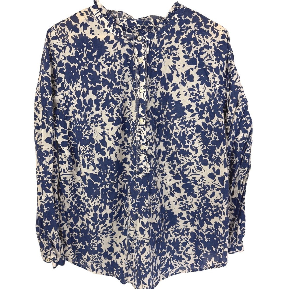 Talbots Plus 1X Lightweight Cotton Blue Floral Ruffle Neck Blouse Boho